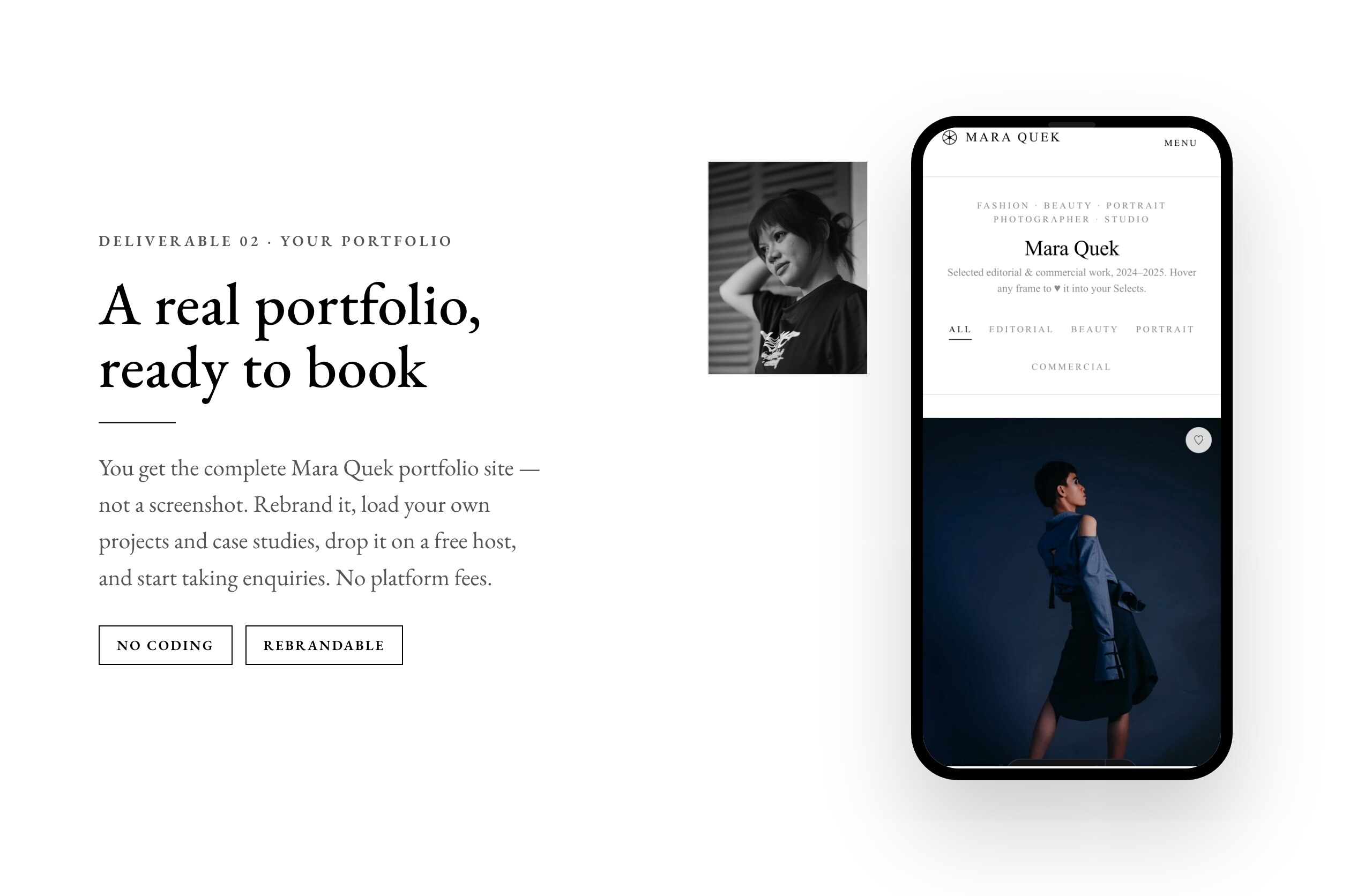 The included freelance portfolio website homepage shown on a phone