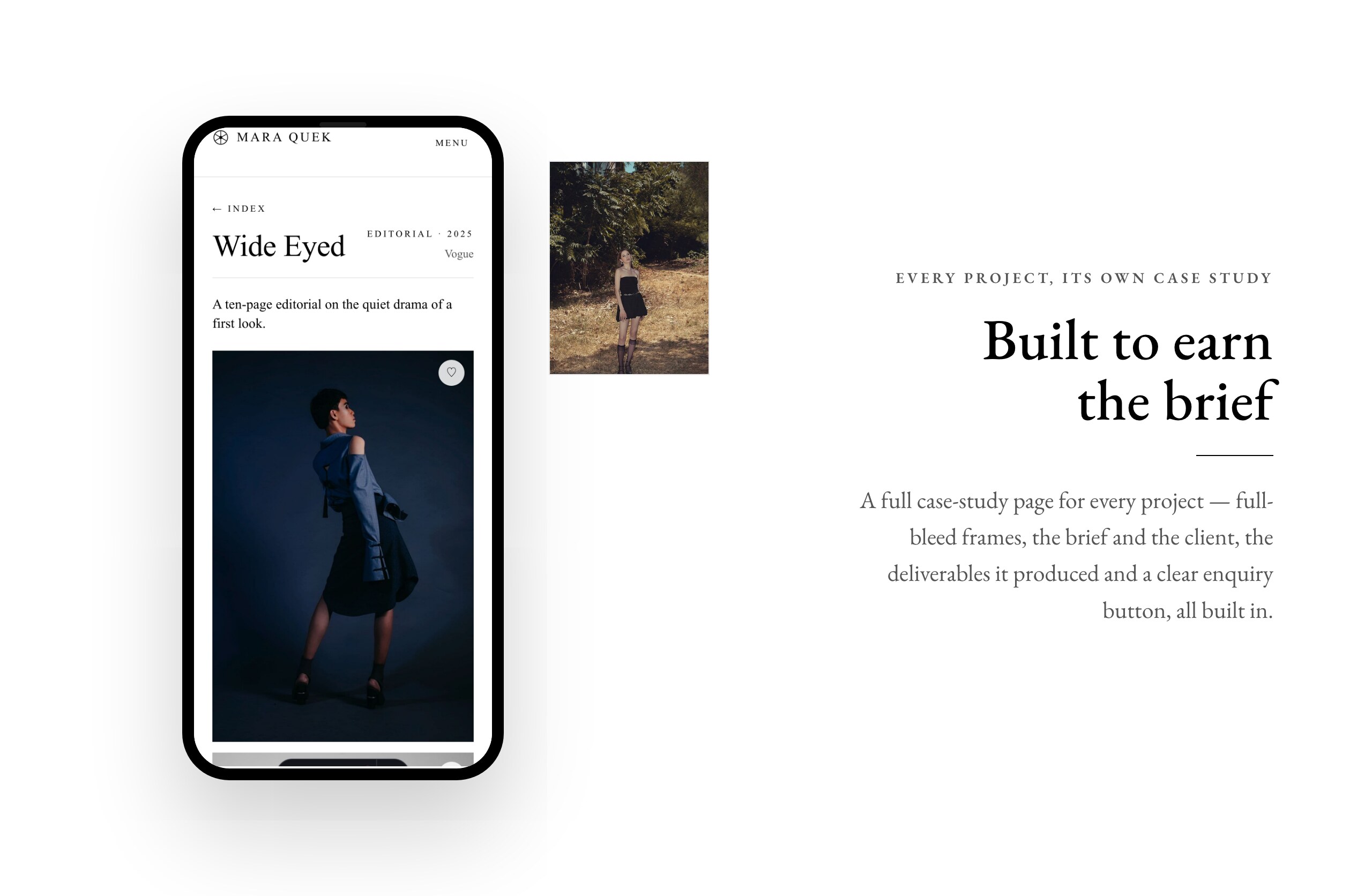 A project case-study page from the included freelance portfolio website shown on a phone