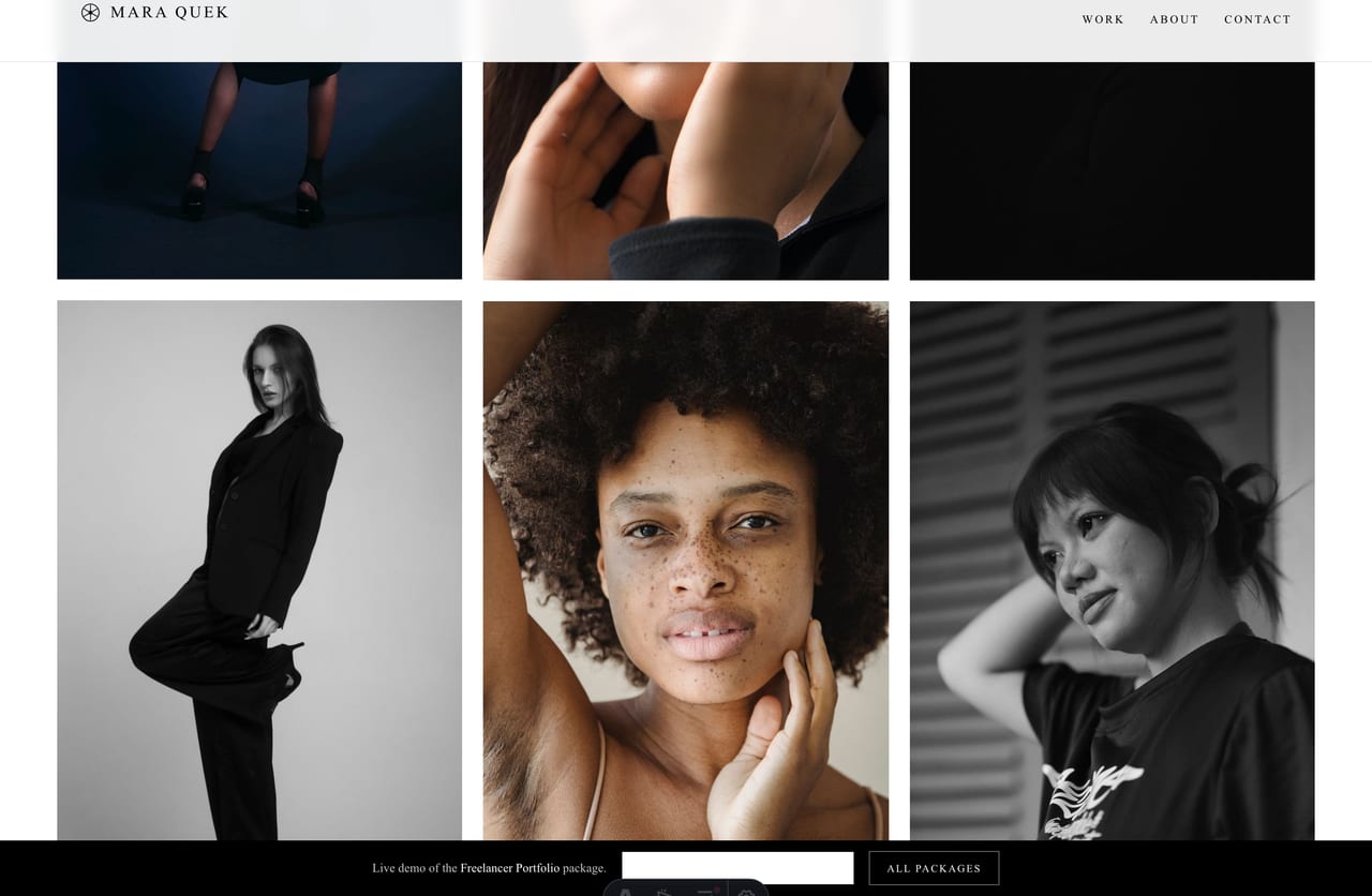 Filterable work index grid on a Singapore photographer portfolio website