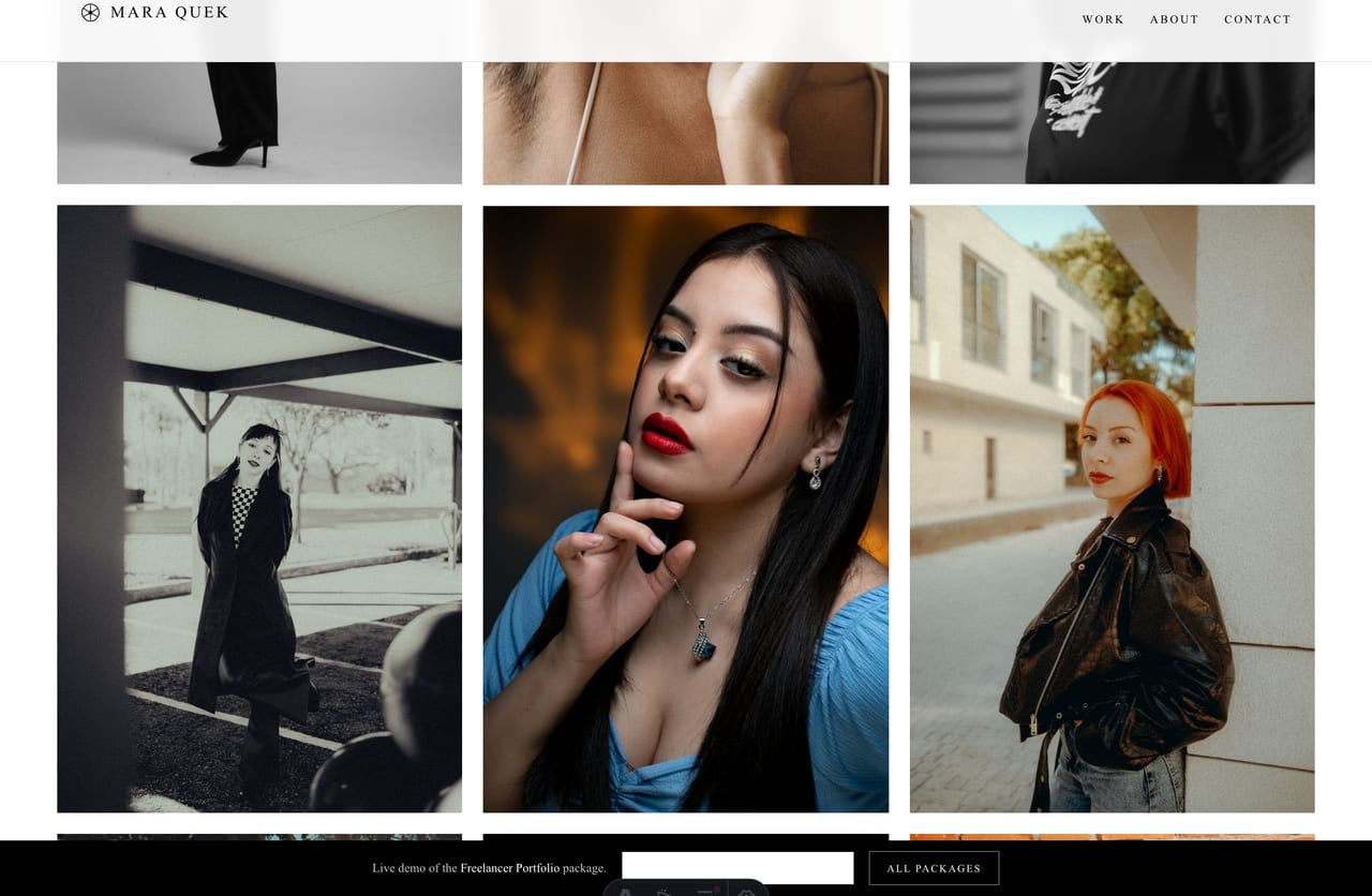Per-project hover accents on a fashion photographer portfolio work grid in Singapore