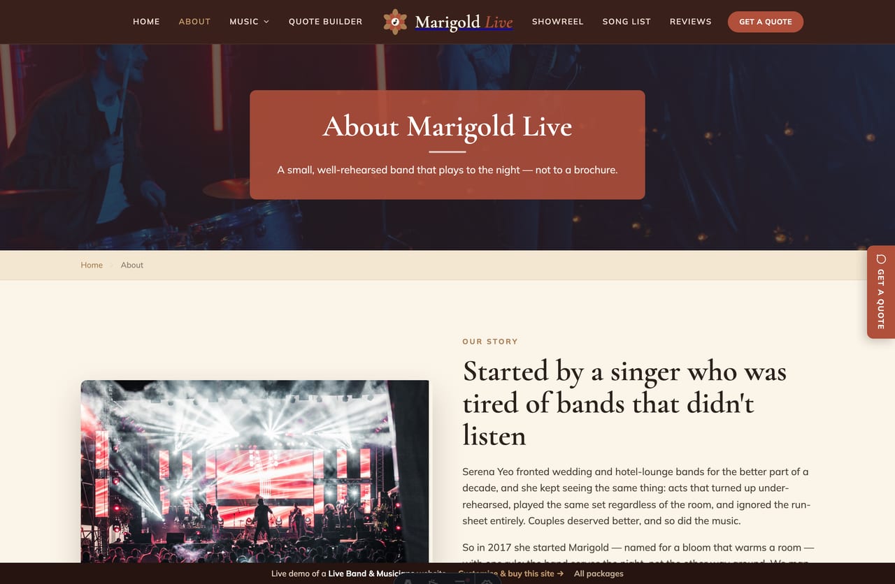 The About page for a Singapore live-band brand — founder story, count-up stats, the band members and a how-we-work section