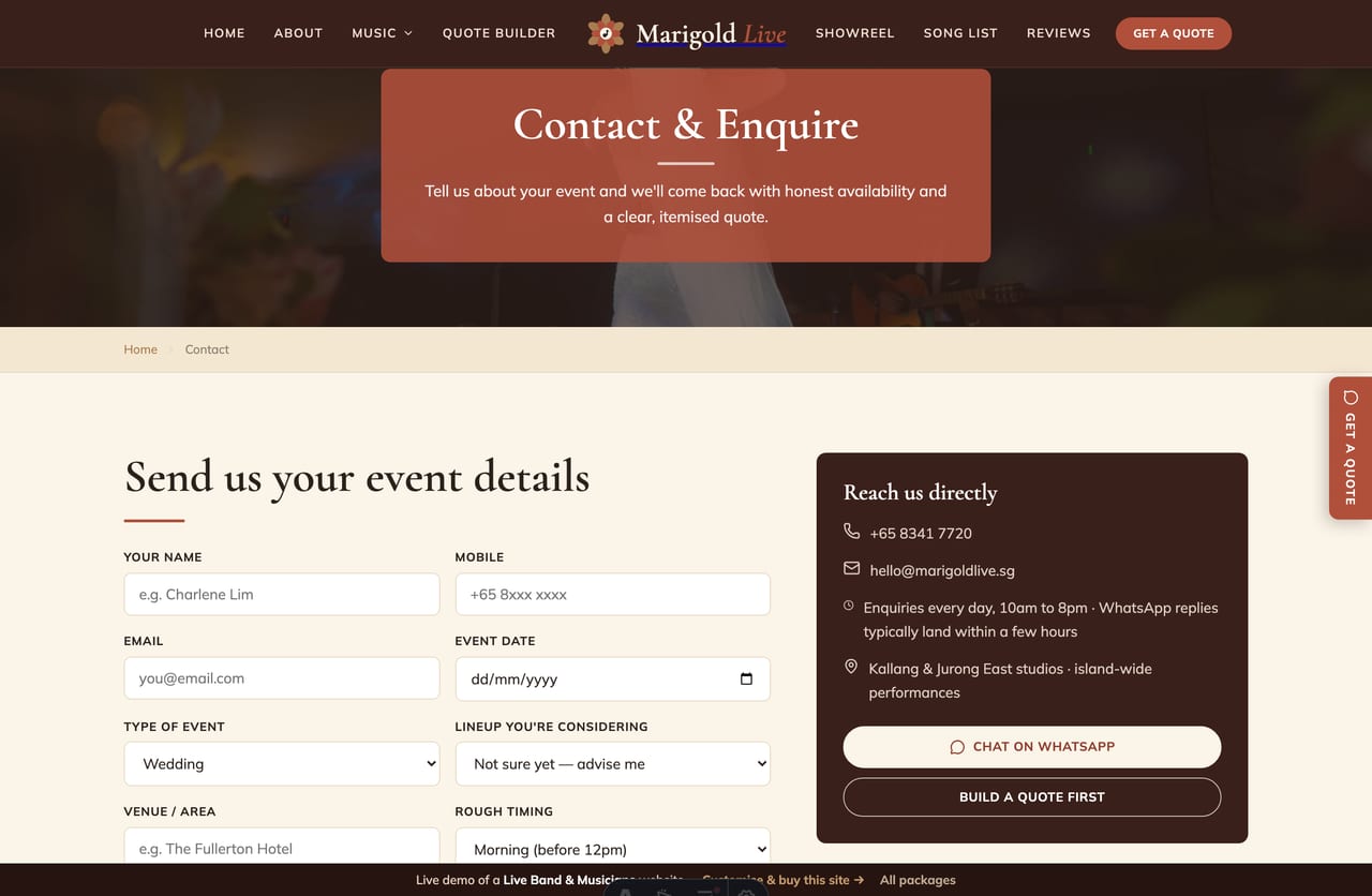 Contact & enquire page on the Marigold Live demo — a PDPA-aware enquiry form with event type, lineup and date, plus direct contact channels, no cart