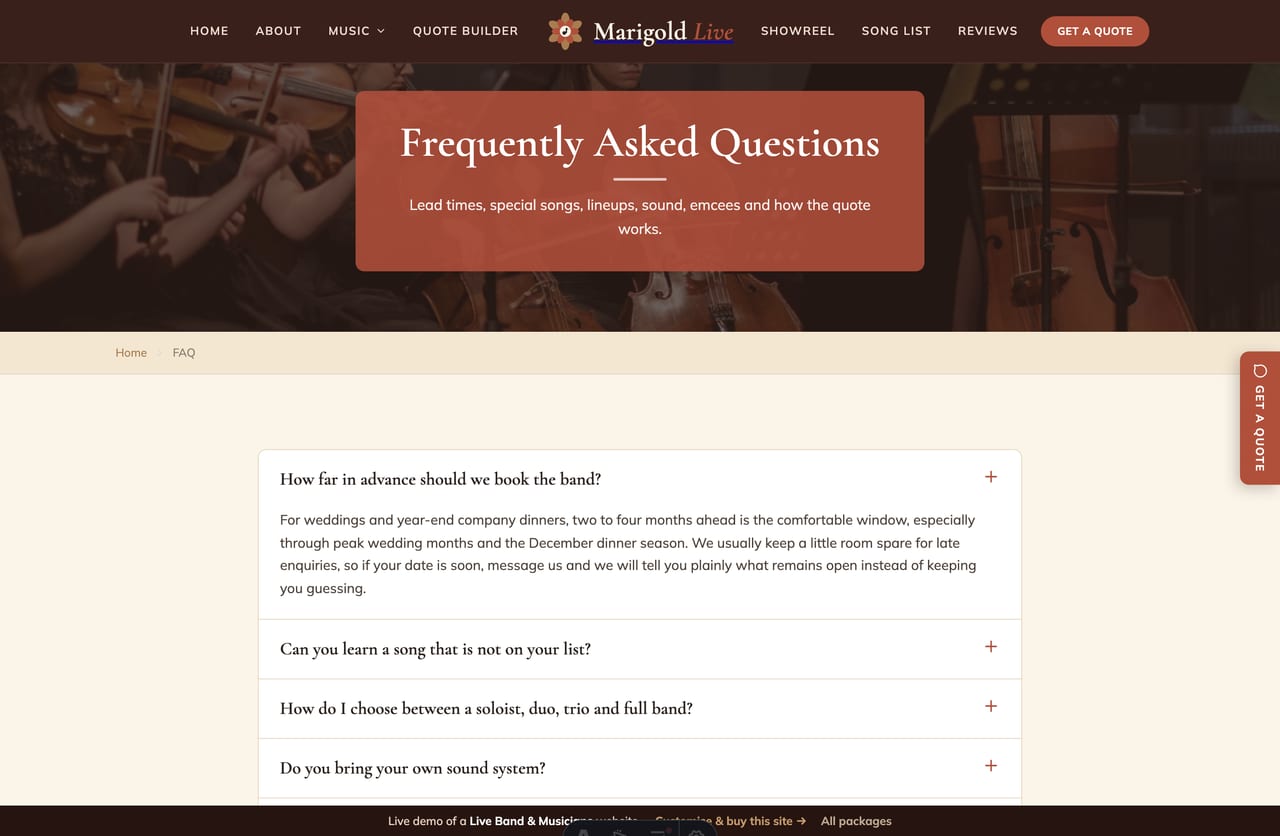 FAQ page on the Marigold Live demo — an accordion of common questions about lead time, special songs, lineups, sound and quotes