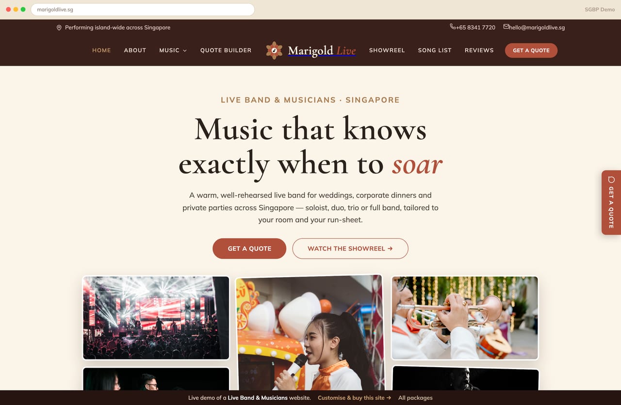 Marigold Live live-band website homepage demo — a warm cream and terracotta performer-photo collage hero, service cards and lineup options for a Singapore band