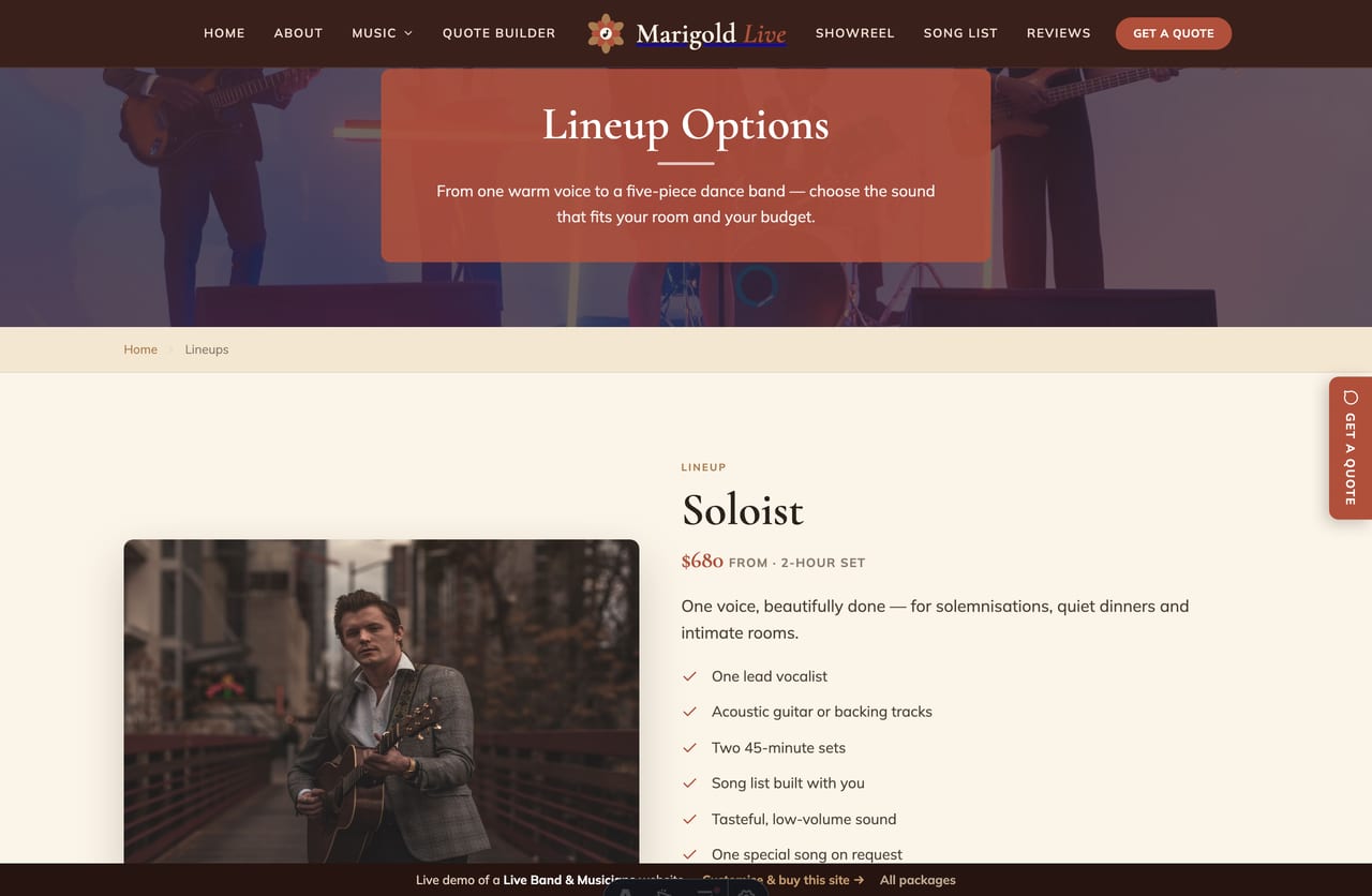 Lineup options page on the Marigold Live demo — soloist, duo, trio and full band laid out as alternating photo-and-detail sections with from-prices