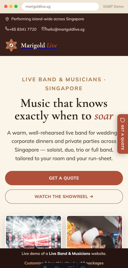 The Marigold Live live-band website on mobile — collage hero and a warm Get-a-quote side tab at 430px
