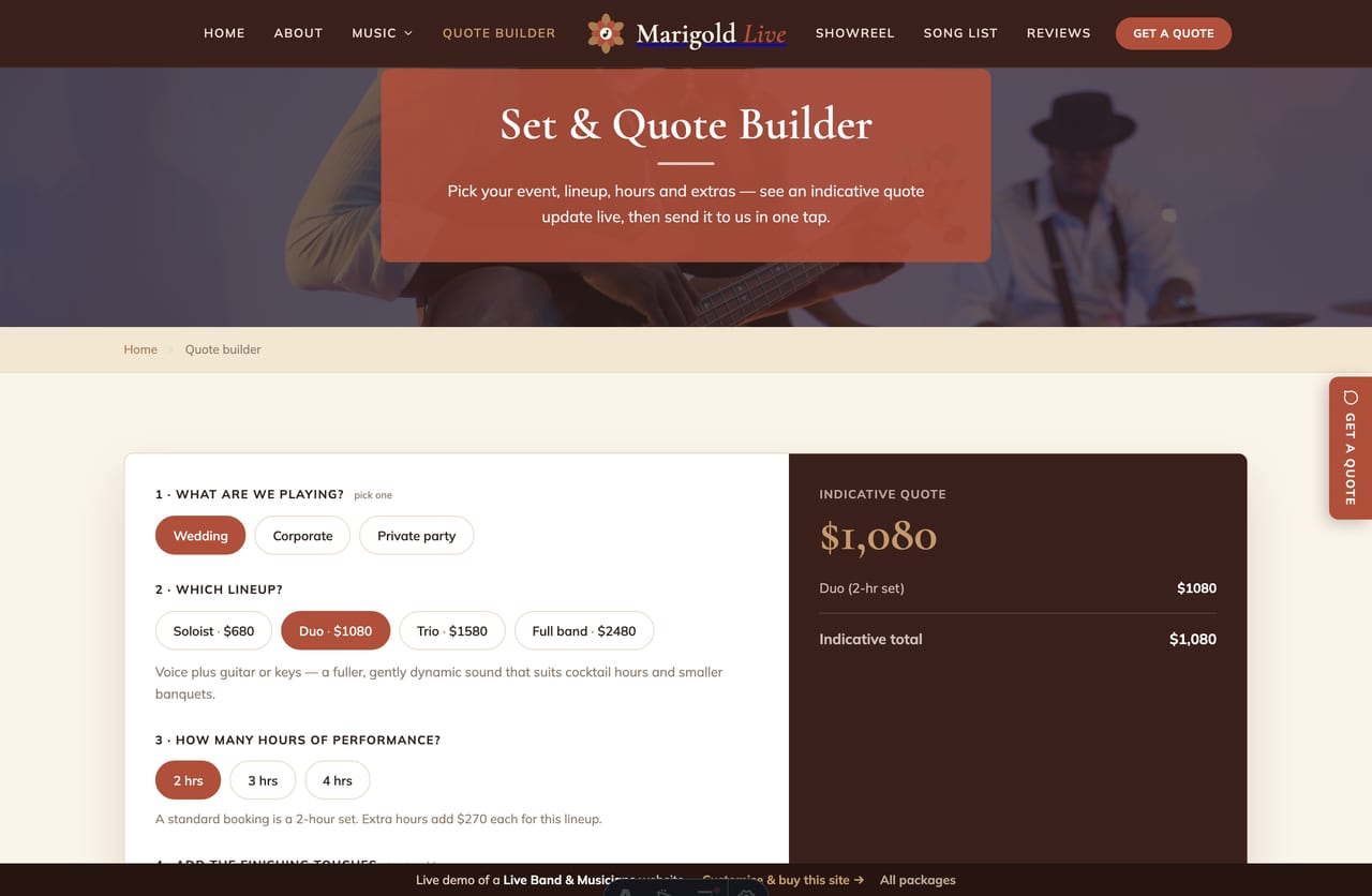 The interactive Set & Quote Builder on the Marigold Live demo — pick an event, lineup, hours and add-ons for a live indicative quote