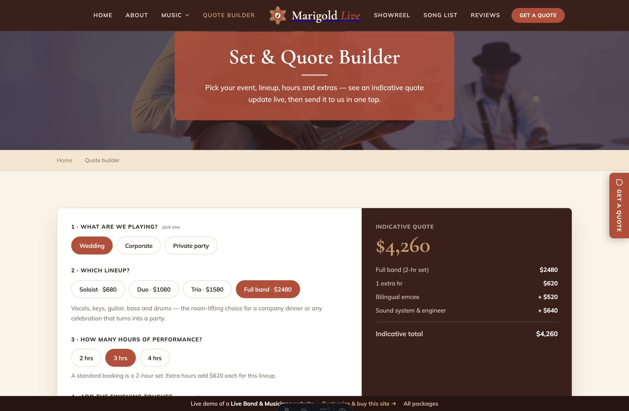 Set & Quote Builder result on a Singapore live-band site — a live SGD estimate that updates by event, lineup and hours, with a WhatsApp enquiry CTA