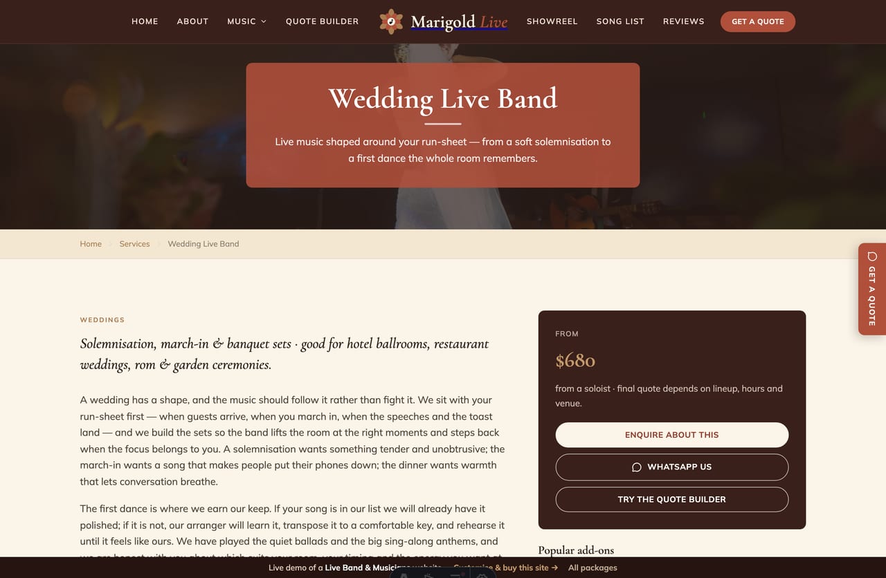 A service detail page on the Marigold Live demo — dark-photo banner, an article, what is included, a sample setlist and a sticky enquire aside
