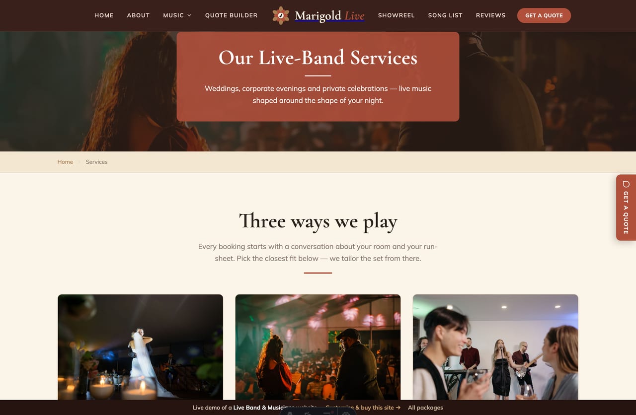 Services listing page on the Marigold Live demo — wedding, corporate and private-party live-band services as elegant cards with from-prices