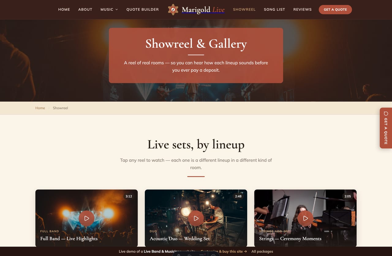 Showreel and gallery page on the Marigold Live demo — video reel cards by lineup and a photo gallery from past events