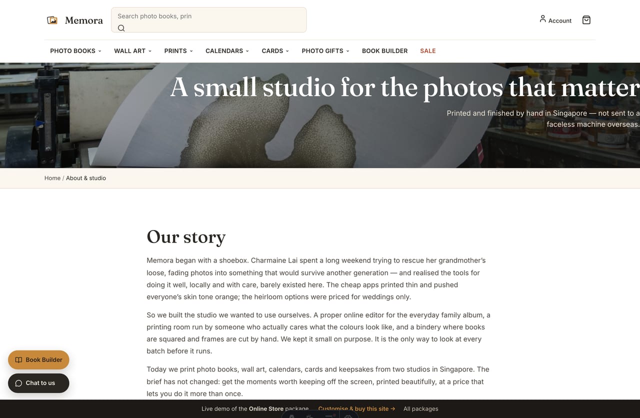 About / studio story page on the Memora Singapore photo-printing store