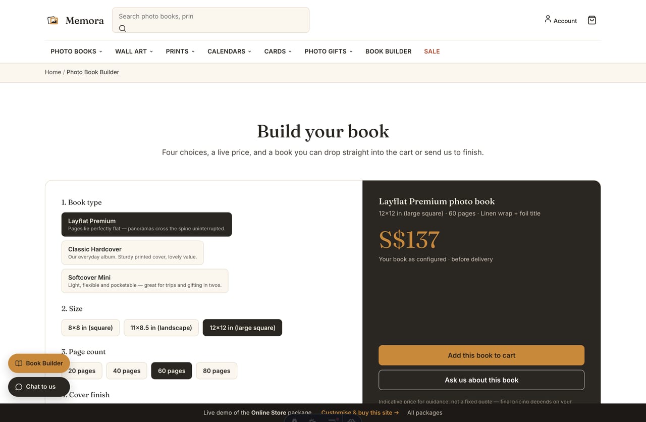 Live photo-book price updating in the Memora builder before add-to-cart on a Singapore photo store
