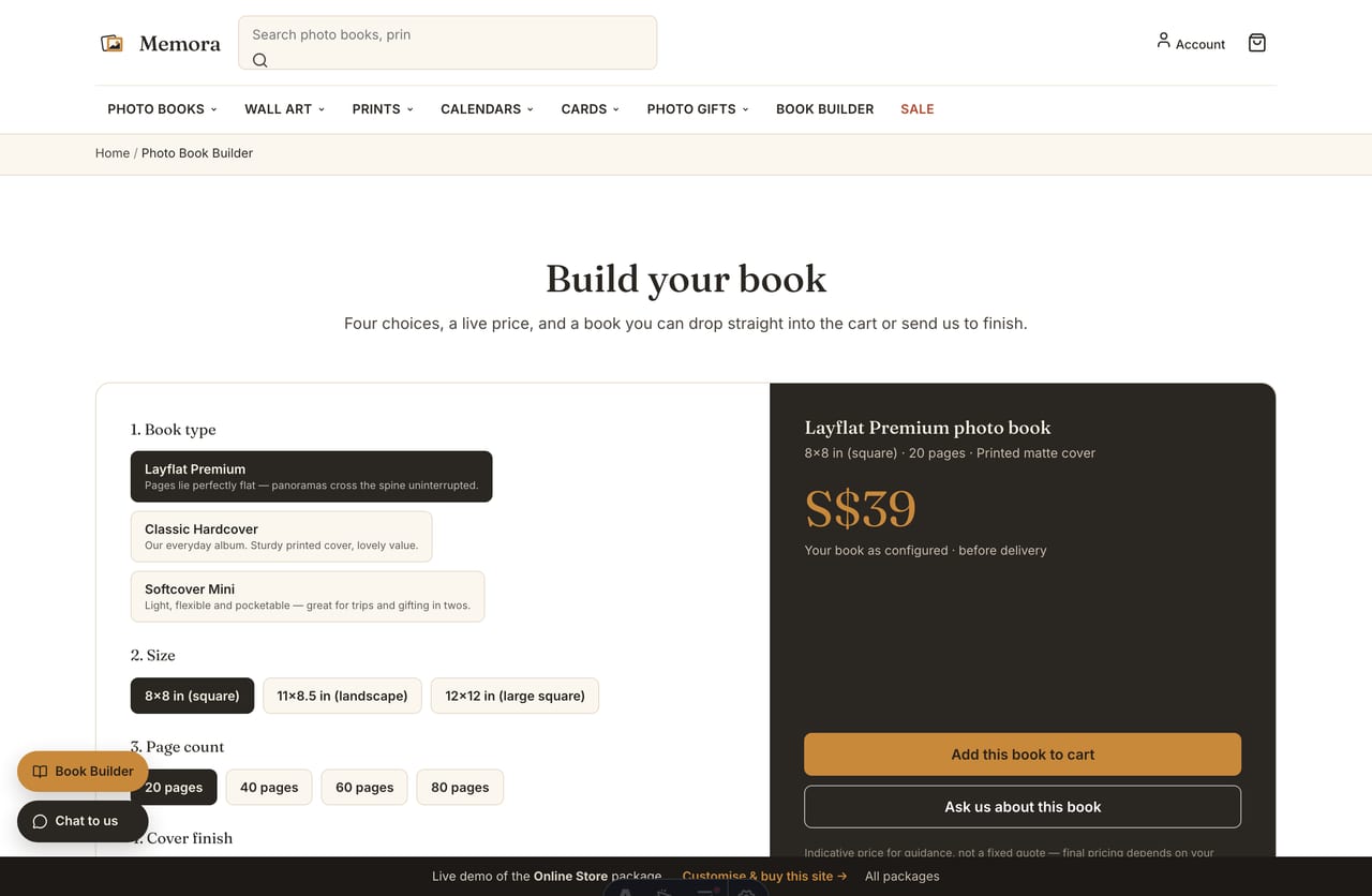 Photo Book Builder tool choosing type, size, pages and cover on a Singapore photo-printing store