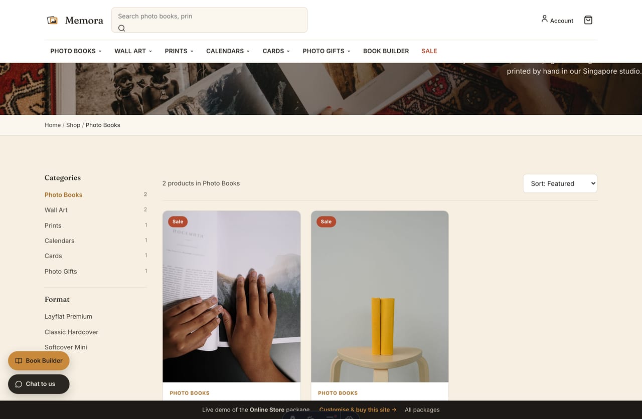 Photo Books collection page with sidebar filters and SGD pricing on the Memora Singapore photo-printing store