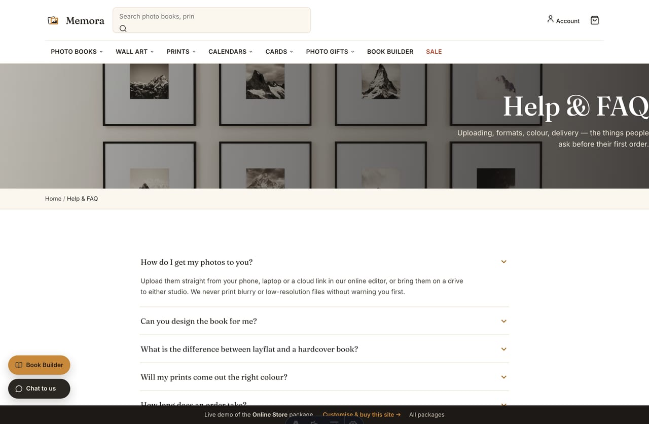 FAQ page covering uploads, formats, colour and delivery on a Singapore photo-printing store