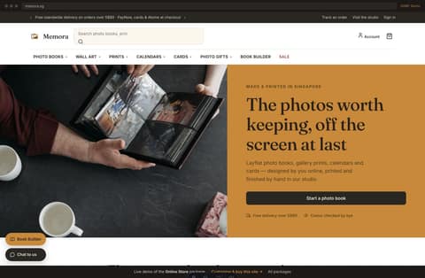 Memora photo-printing store homepage demo — editorial hero, best-seller grid and rotating studio notices (Singapore)
