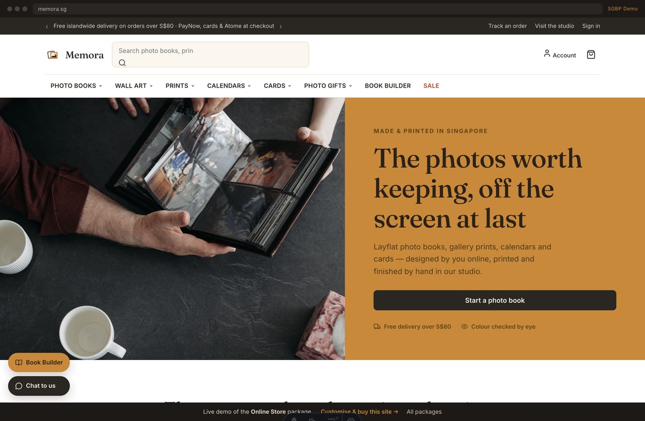 Memora photo-printing store homepage demo — editorial hero, best-seller grid and rotating studio notices (Singapore)