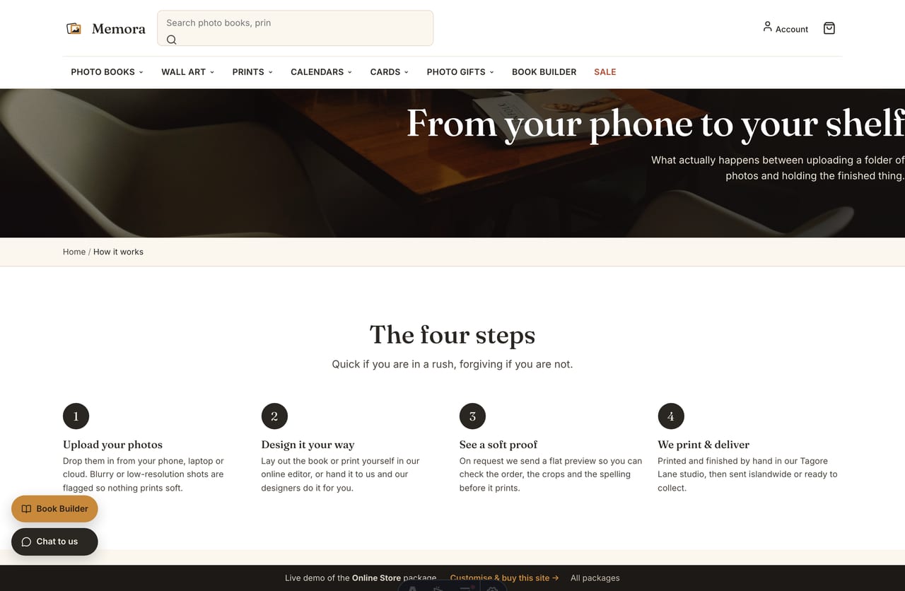 How it works page explaining upload, design, proof and print on the Memora photo-printing store