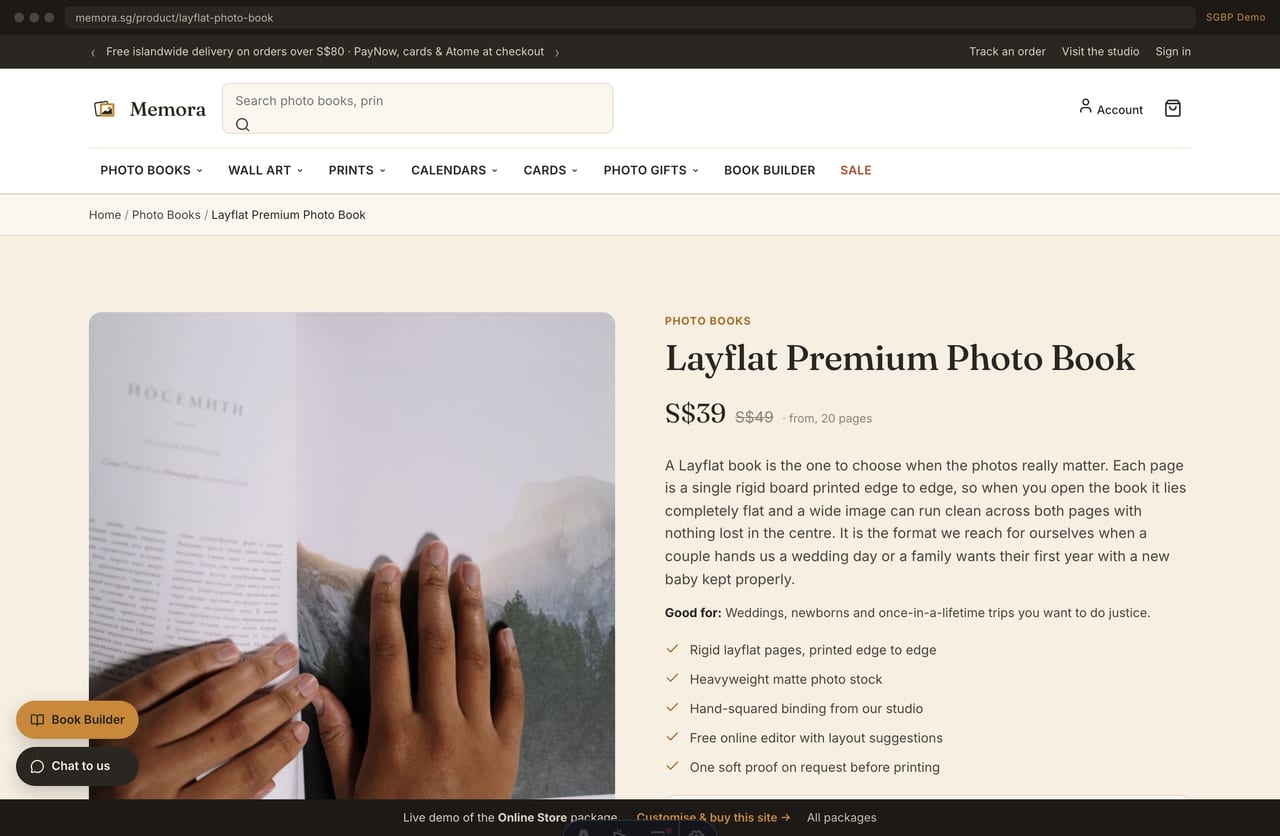 Product page with sample imagery, options and SGD add-to-cart on the Memora photo-printing store