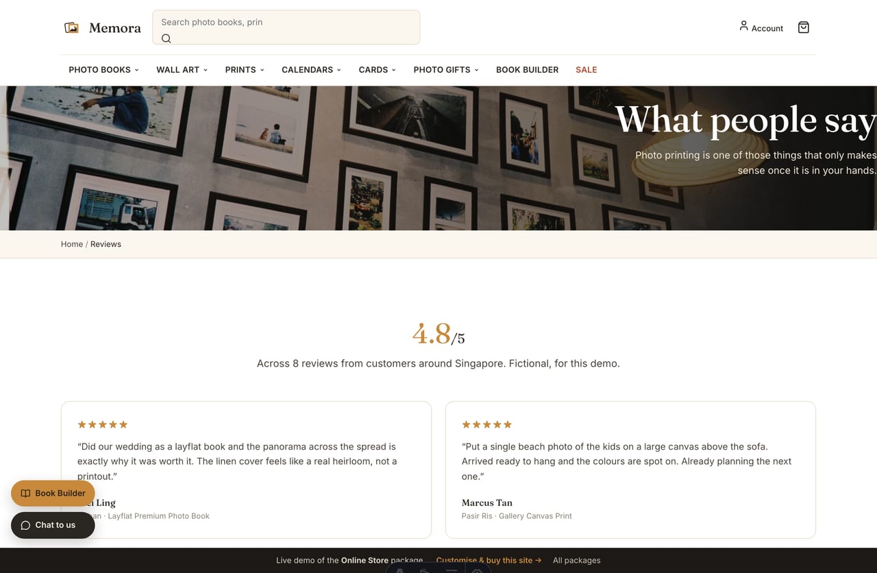 Customer reviews and star ratings wall on the Memora photo-printing store website