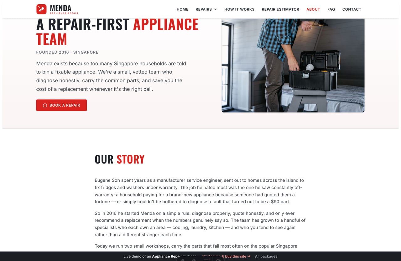 The About page for a Singapore appliance-repair business — founder story, a charcoal stats band, booking plans and technician profiles