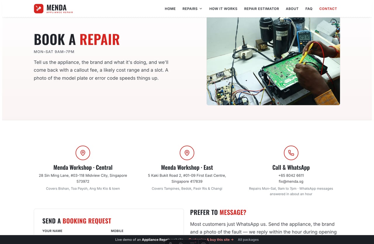 Book-a-repair page on the Menda demo — contact columns and a PDPA-aware booking form with appliance, brand, area and time
