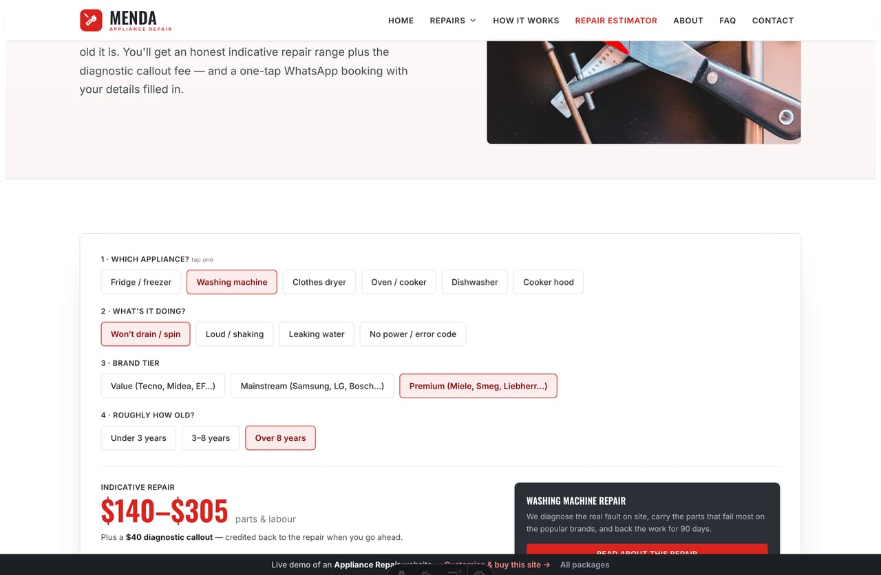 Repair Quote Estimator result on a Singapore appliance-repair site — an indicative repair range plus the diagnostic callout fee and a book CTA