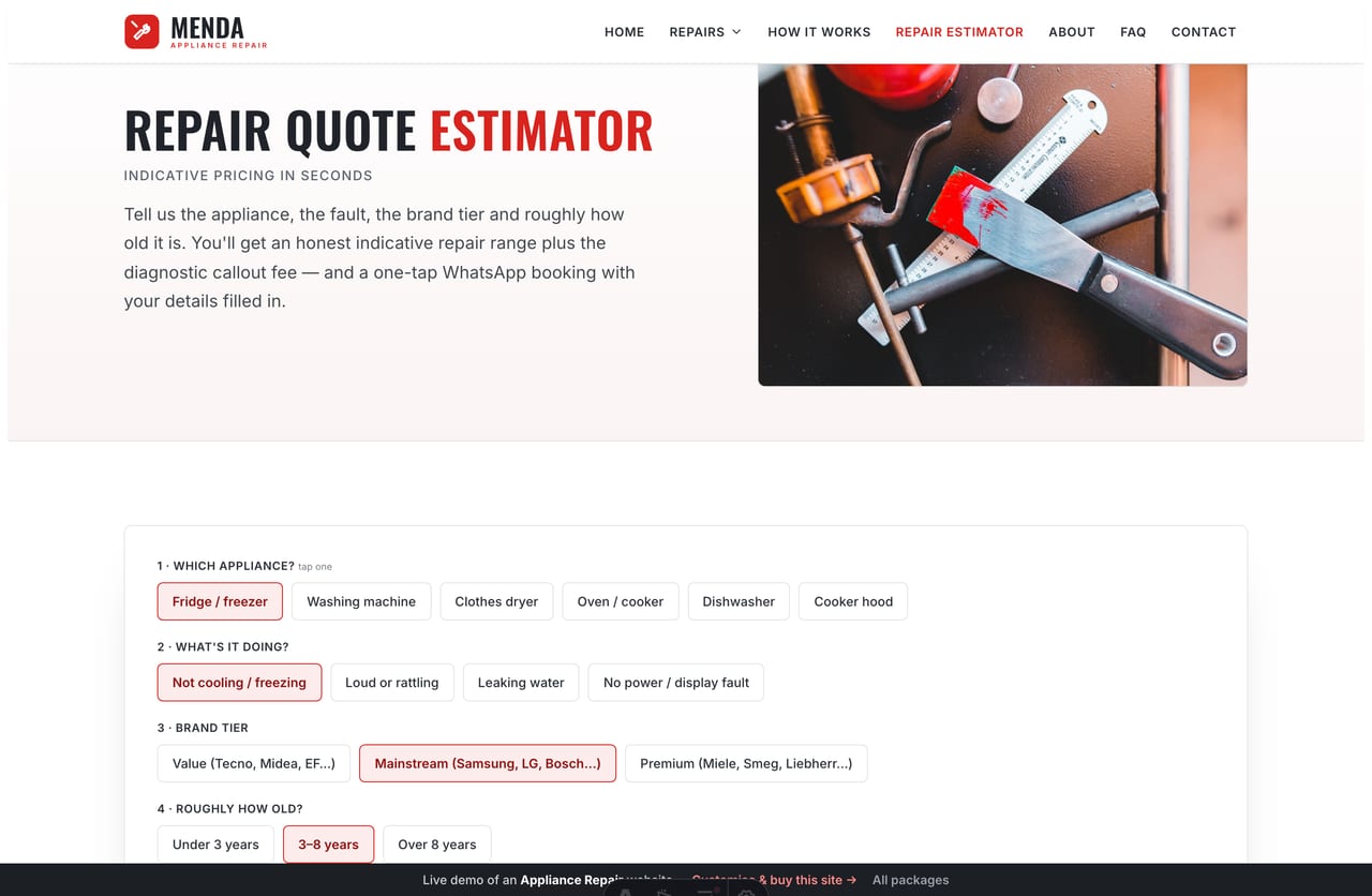 The interactive Repair Quote Estimator on the Menda demo — pick an appliance, fault, brand tier and age to see an indicative repair cost
