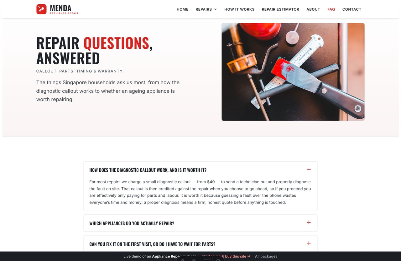 FAQ page on the Menda demo — an UPPERCASE question accordion covering callout, parts, timing and warranty