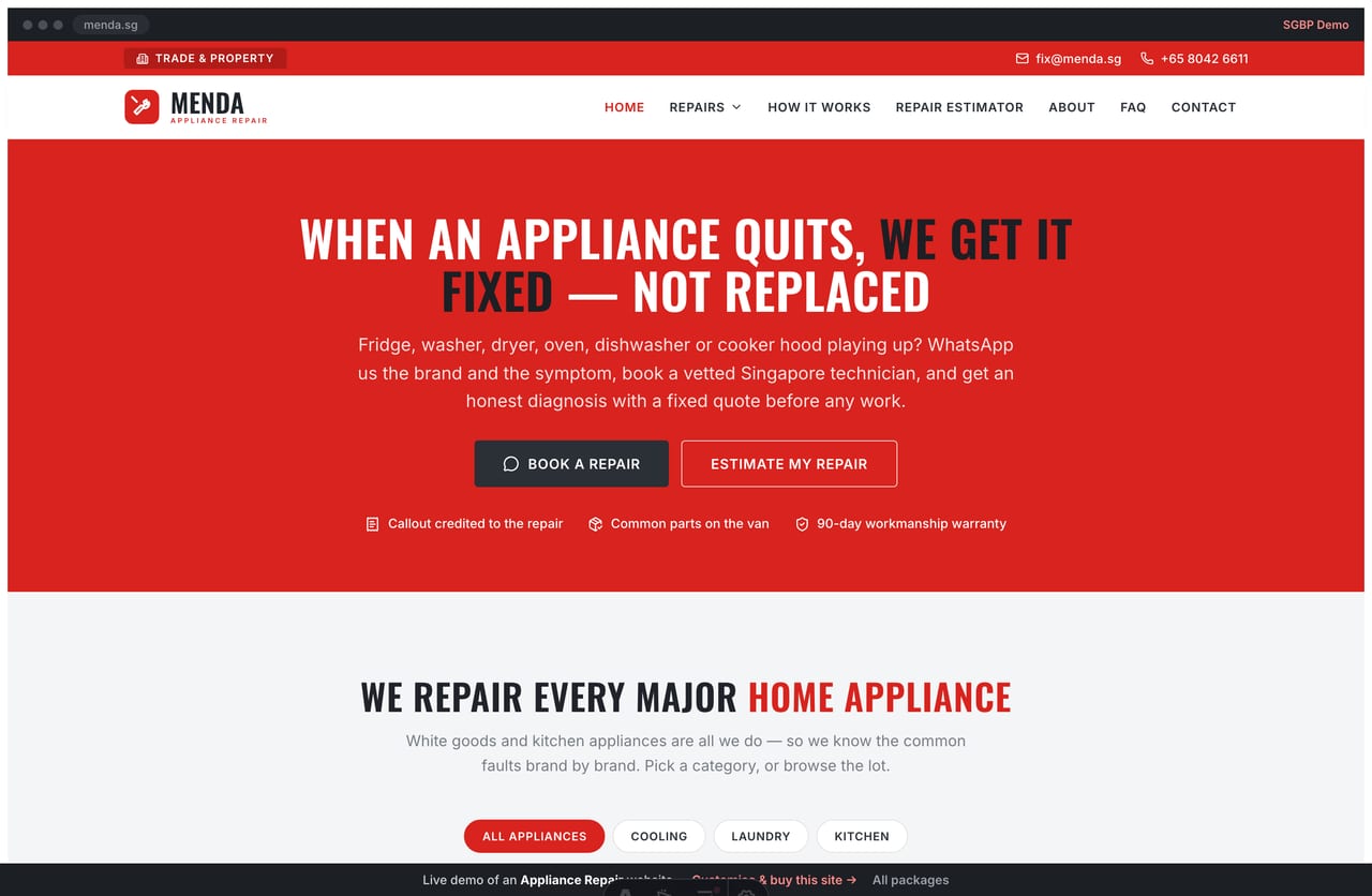 Menda appliance-repair Singapore website homepage demo — a bold red and charcoal site with a centered red hero band, a tabbed appliance photo grid and a repair estimator