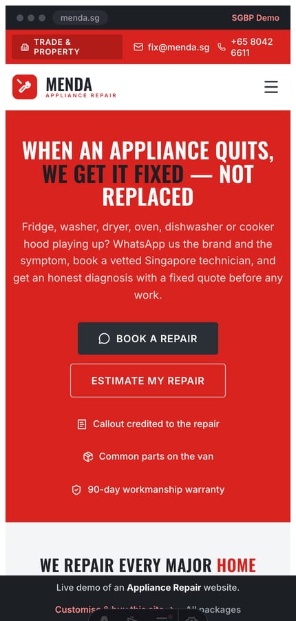 The Menda appliance-repair website on mobile — the red hero band and book CTA at 430px