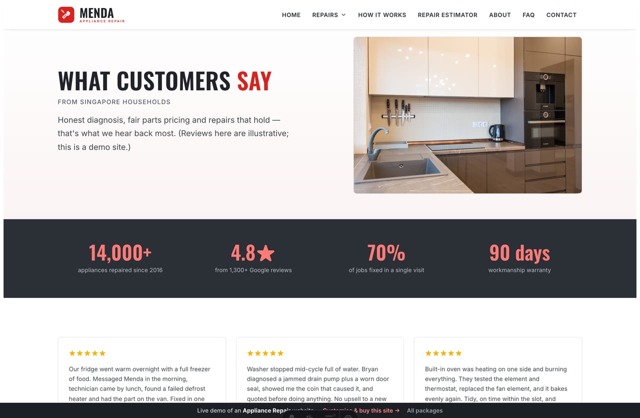 Reviews page on the Menda demo — Google-style review cards with star ratings from Singapore households