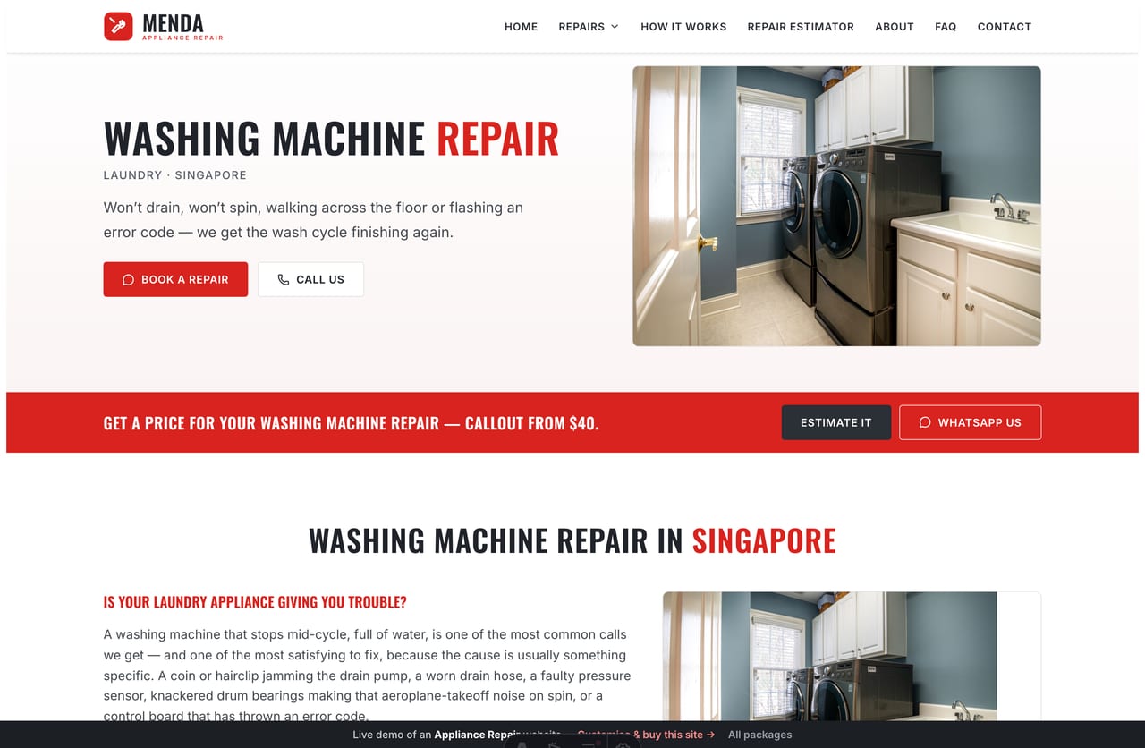 An appliance detail page on the Menda demo — a red banner, a what’s-involved article, a common-faults band and a common-brands grid