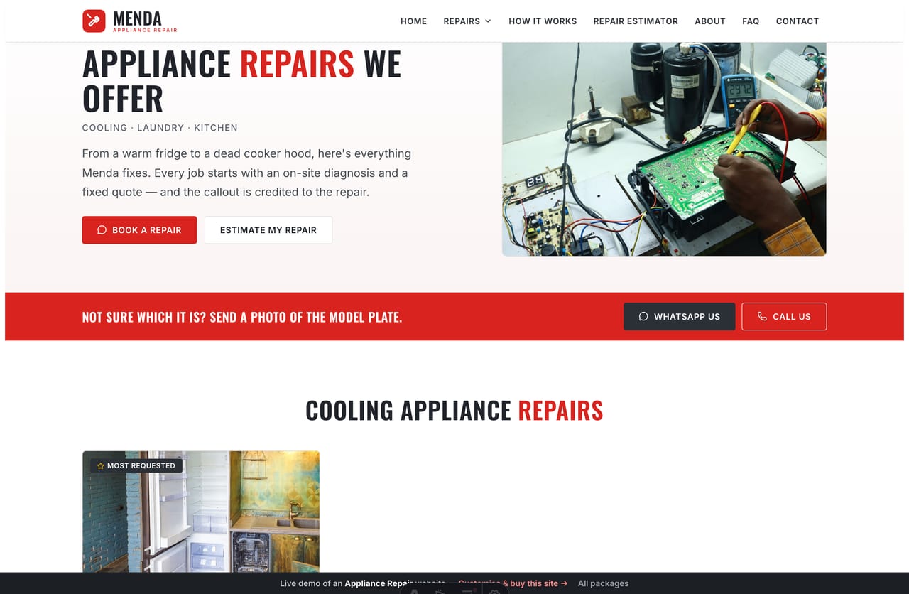 Repairs page on the Menda demo — fridge, washer, dryer, oven, dishwasher and cooker hood as red-caption photo cards grouped by family
