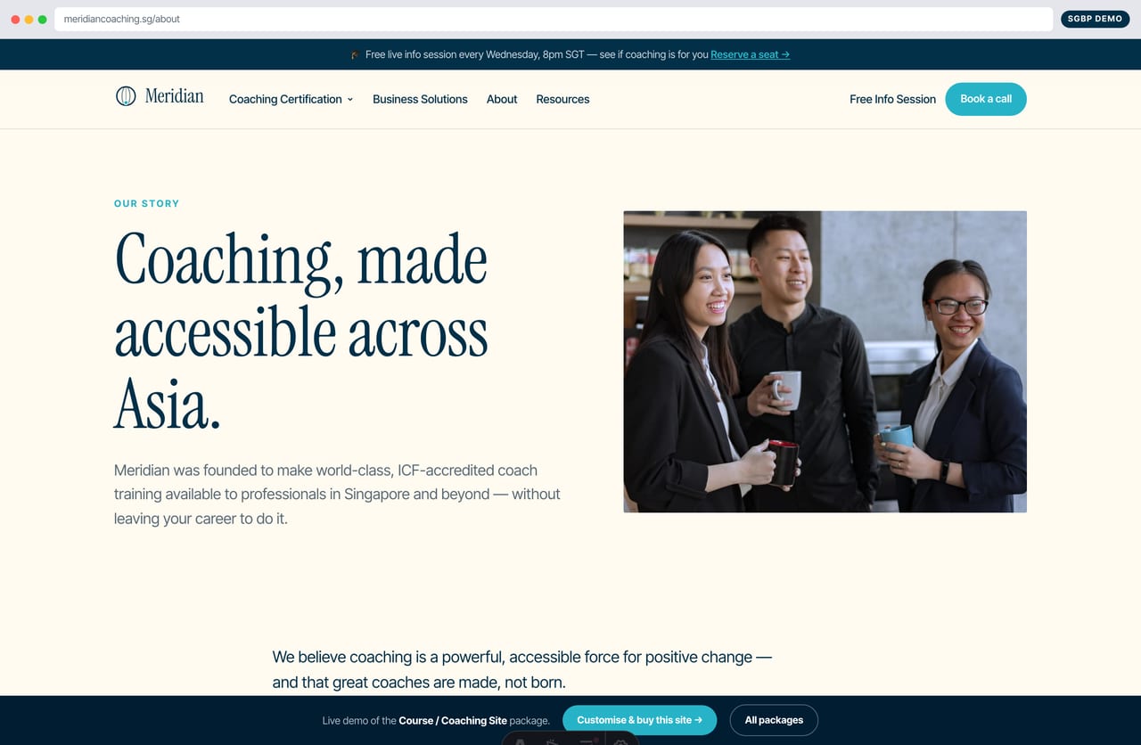 About / academy story page on the Singapore coaching certification website