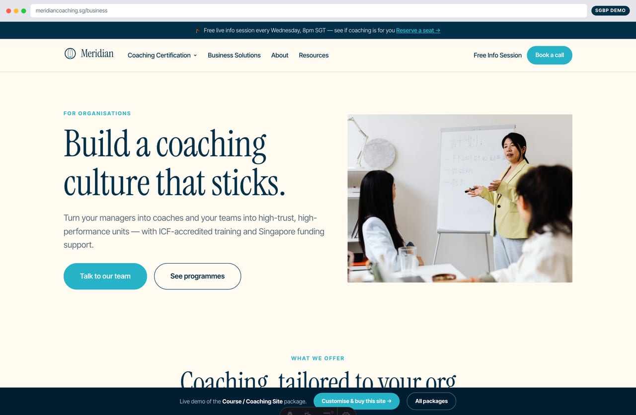 Corporate and organisations training page with SkillsFuture and WSQ funding signals