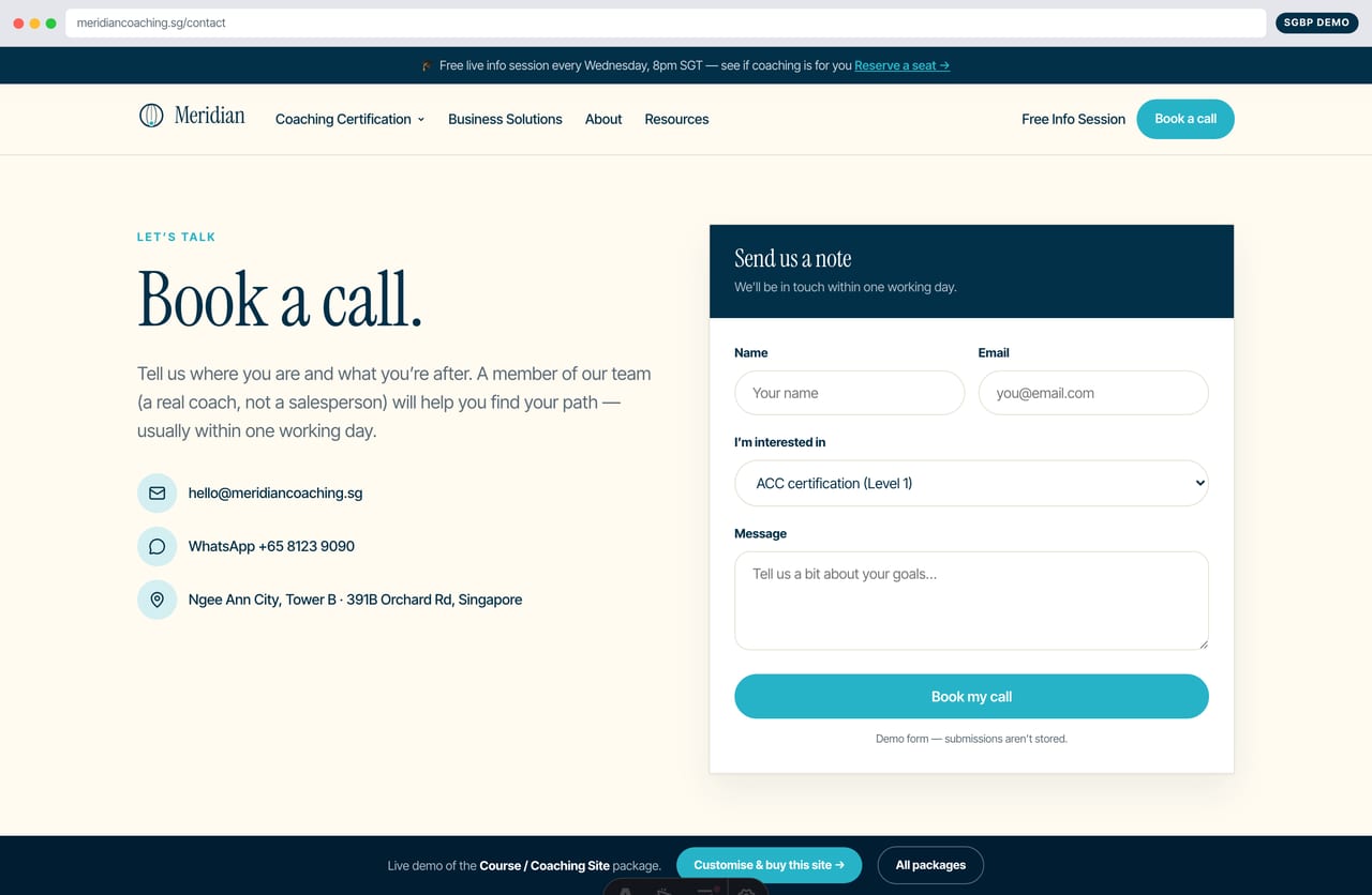 Contact and enquiry page on the Meridian coaching academy website (Singapore)
