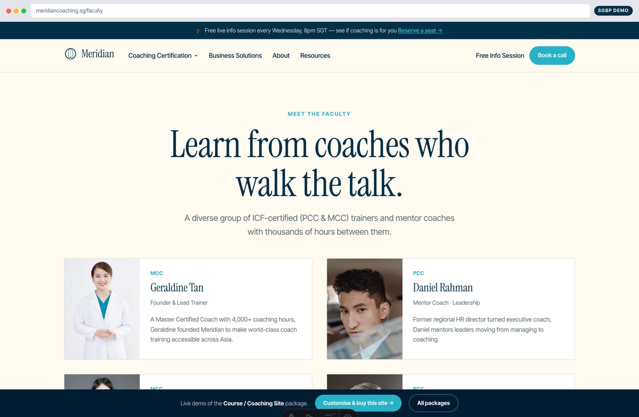 Faculty page showing ICF-credentialed PCC and MCC coach trainers in Singapore