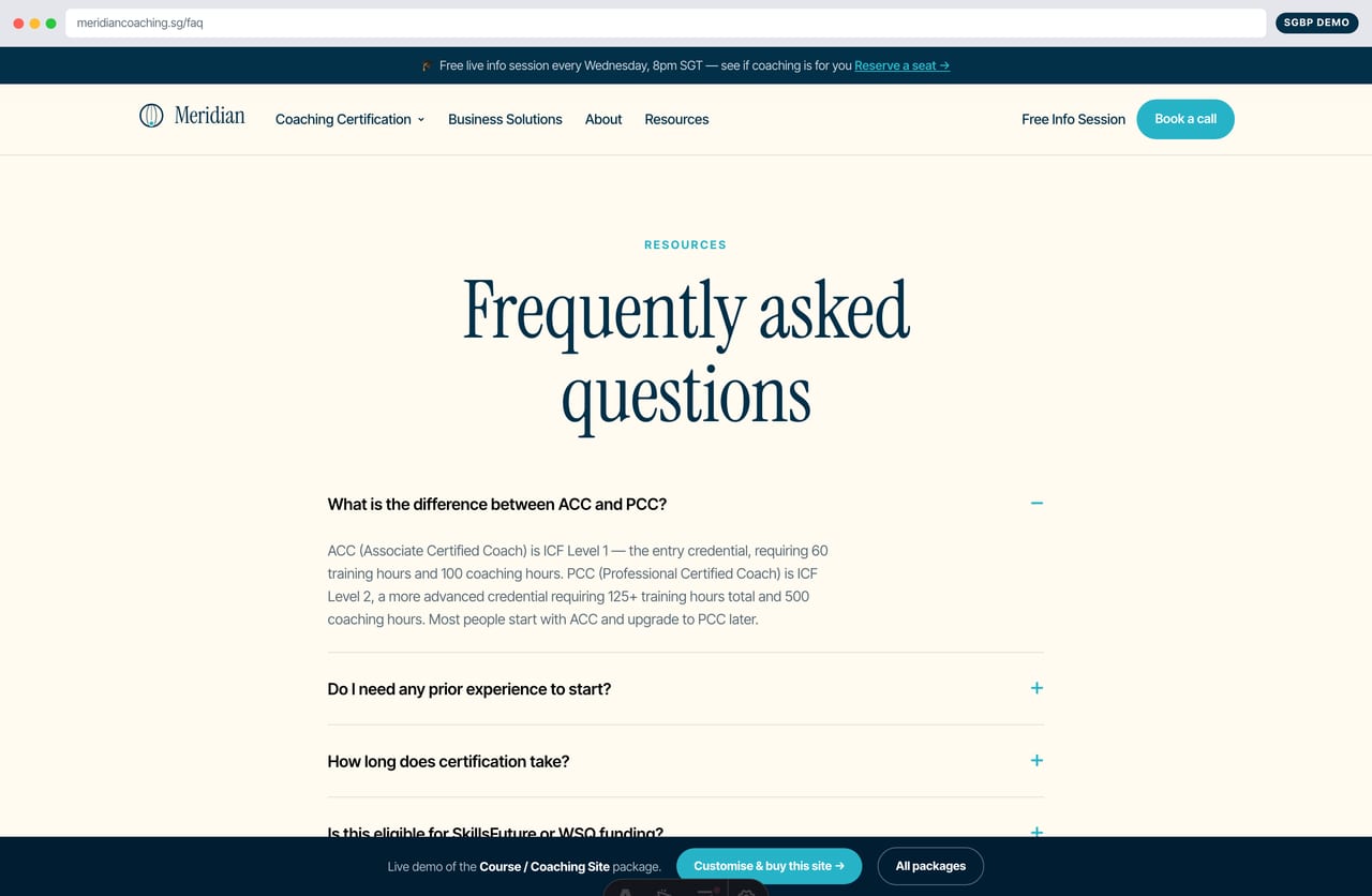 Frequently asked questions page on a Singapore coach-certification website
