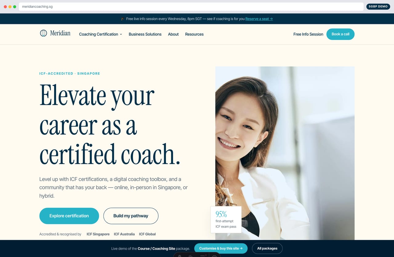 Meridian Coaching Academy coaching website homepage demo — hero, info-session announcement bar and accreditation trust strip (Singapore)