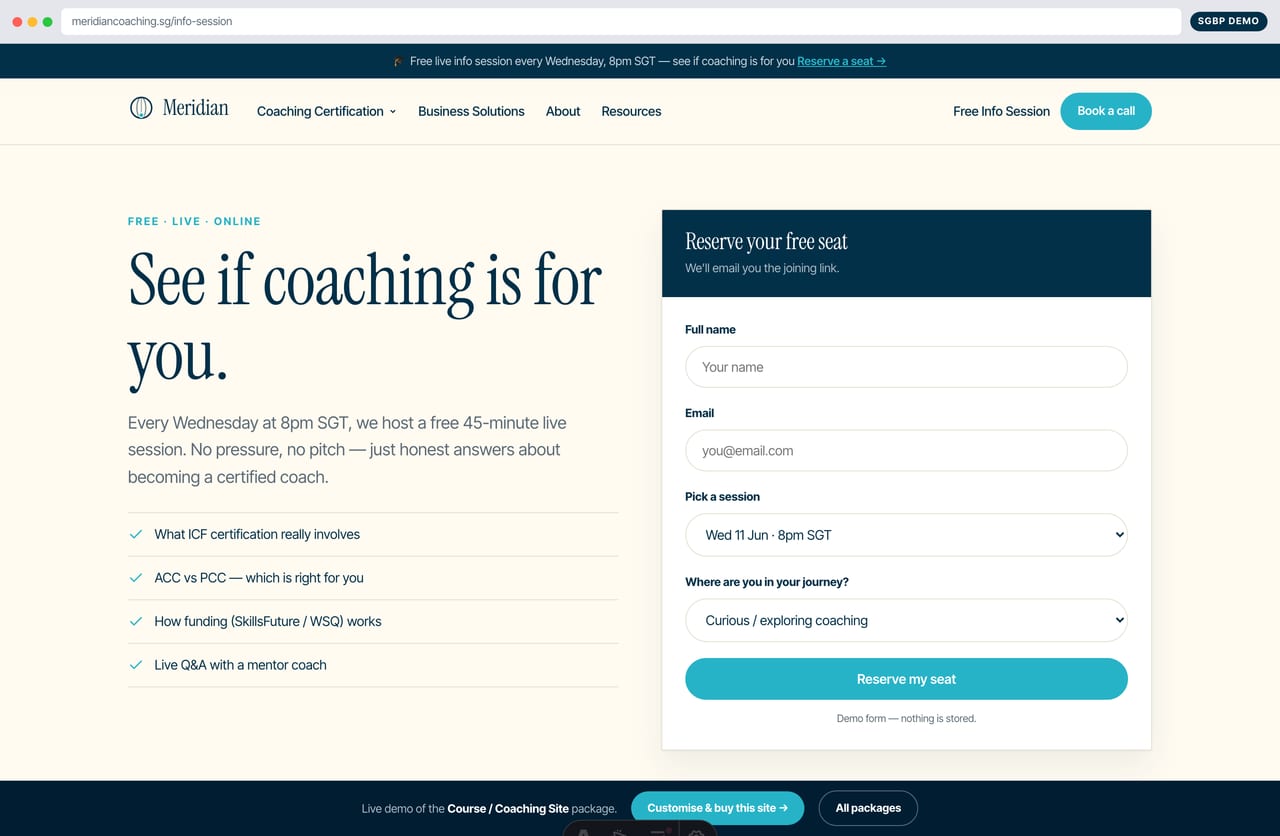 Free info-session booking page on a coaching course website (Calendly-style)