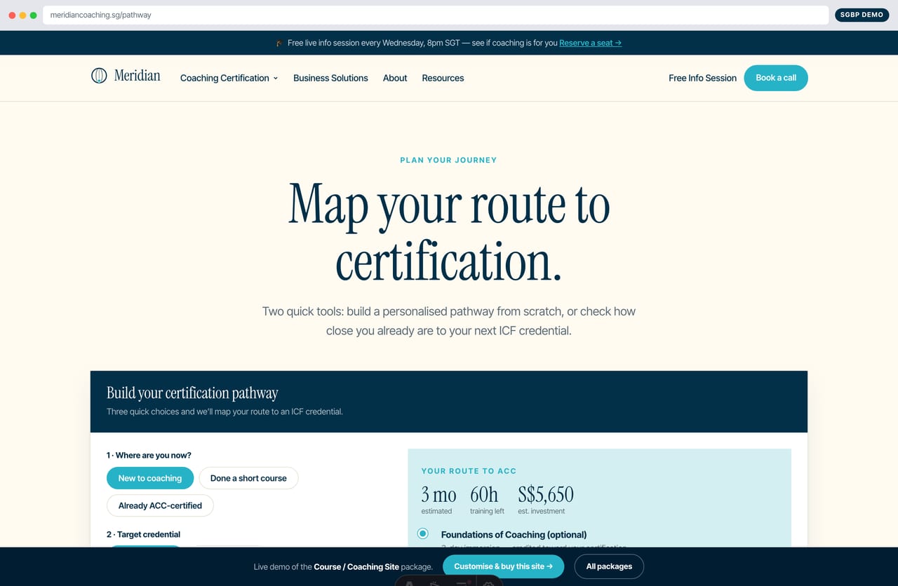 Interactive pathway-builder quiz on the Meridian coaching course website