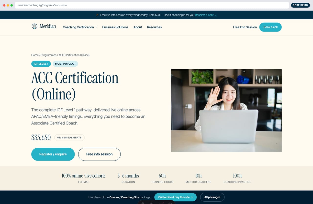 ACC certification programme detail page with curriculum, ICF accreditation and enrolment CTA