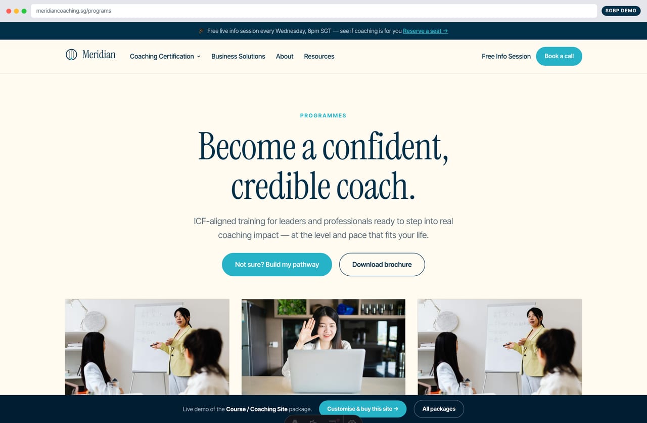 Programmes catalogue page on a Singapore ICF coach-certification training website