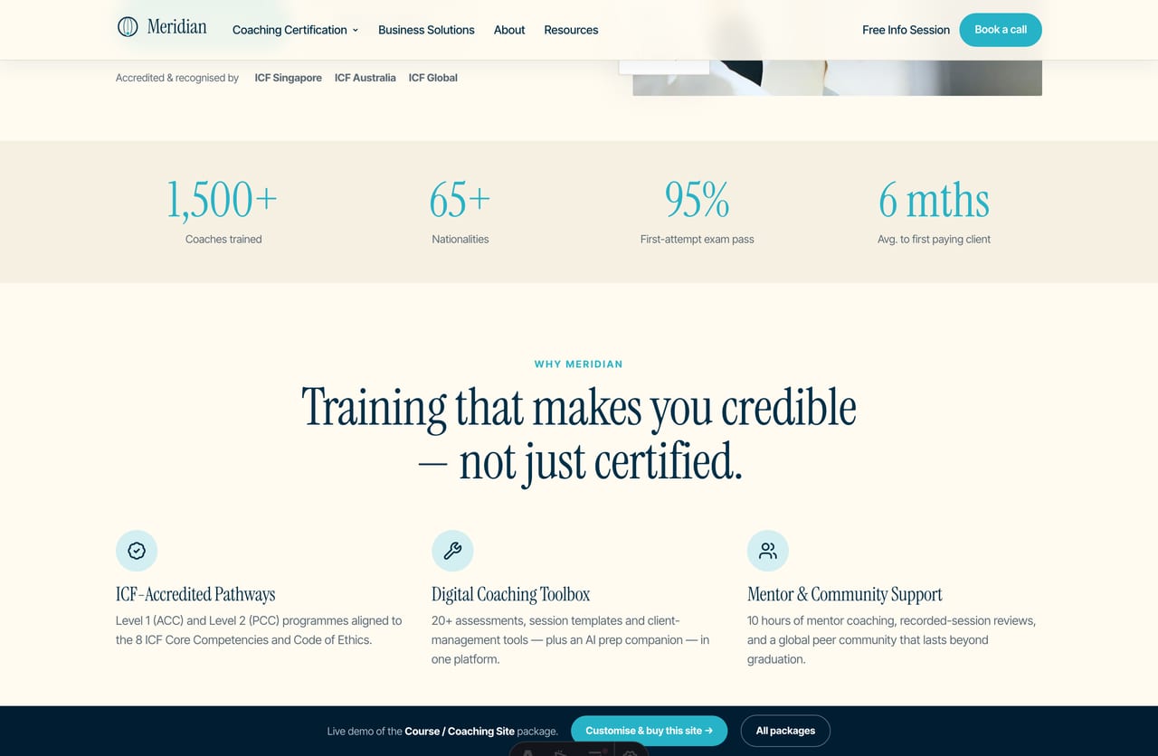 Graduate testimonials and results wall on the coaching course website