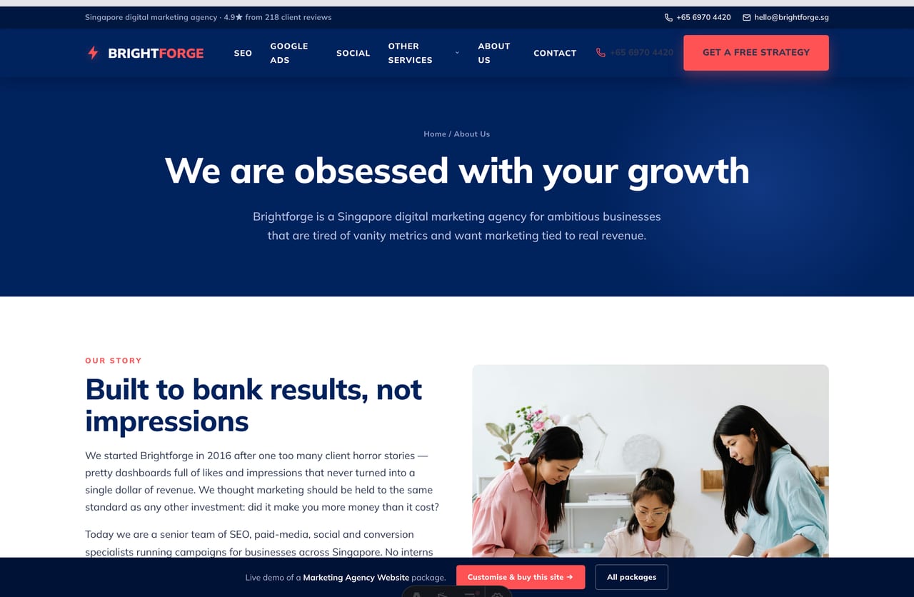 About and team page for a Singapore digital marketing agency website with founder and team photos