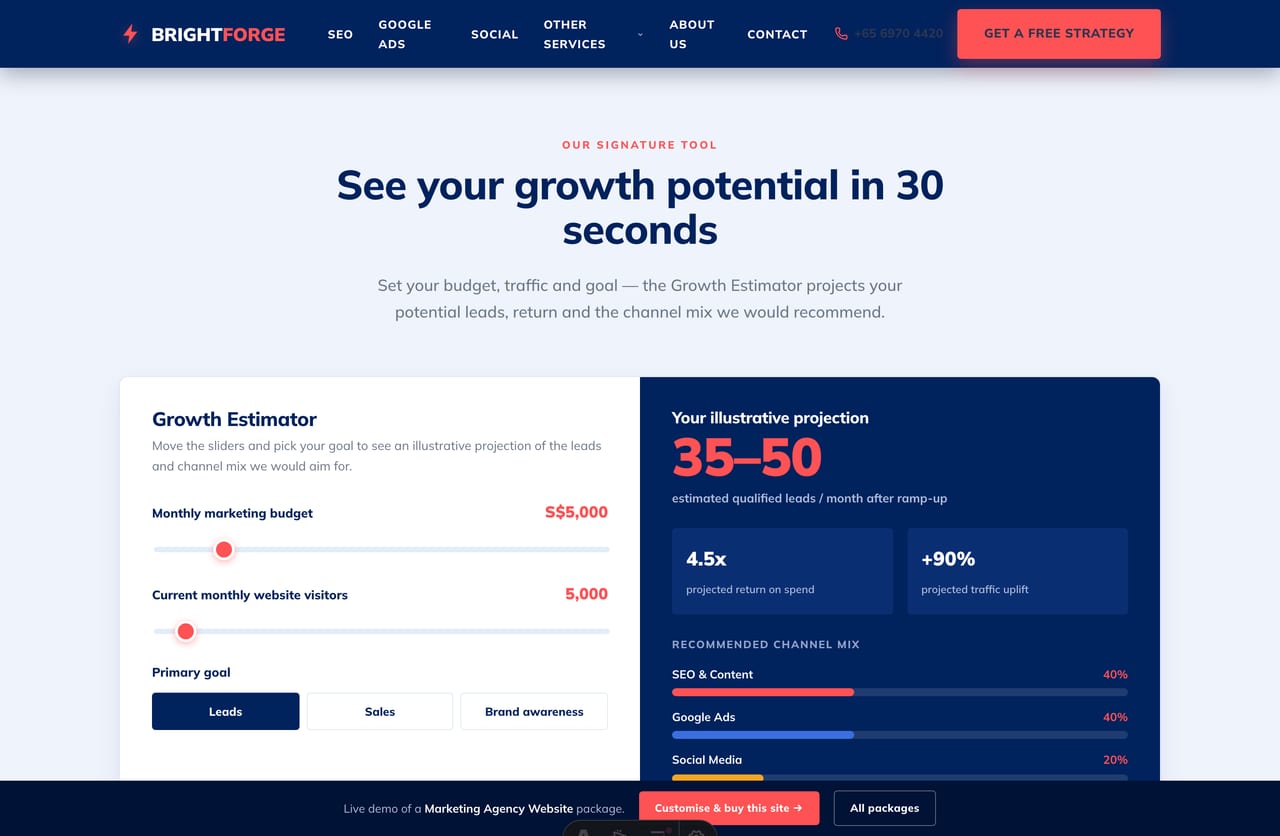 Case-study result cards showing illustrative ROAS, organic-lead and conversion uplift figures on a marketing-agency site