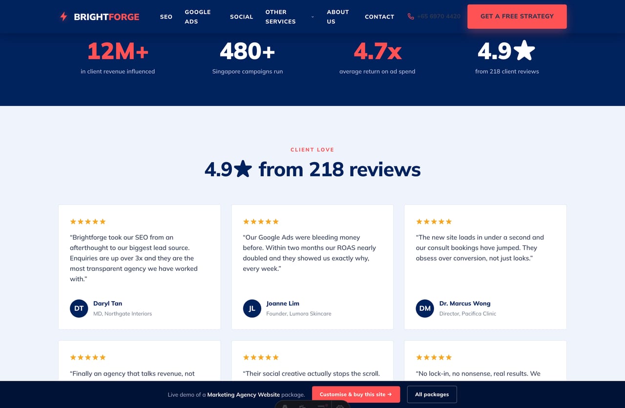 Us-vs-other-agencies comparison table on a Singapore marketing-agency website