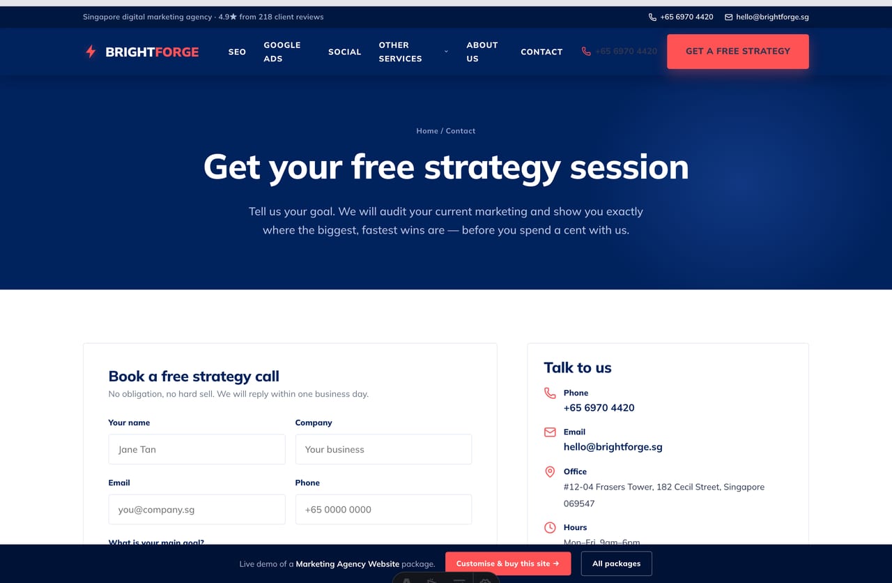 Contact and free-strategy lead form on the Brightforge marketing-agency website demo